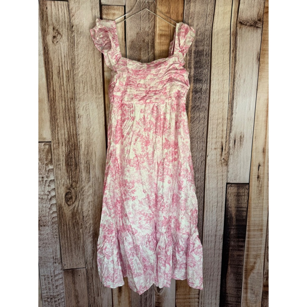 Altar'd State Floral Midi Dress Pink White Cottagecore Ruffle Resort Large NWT